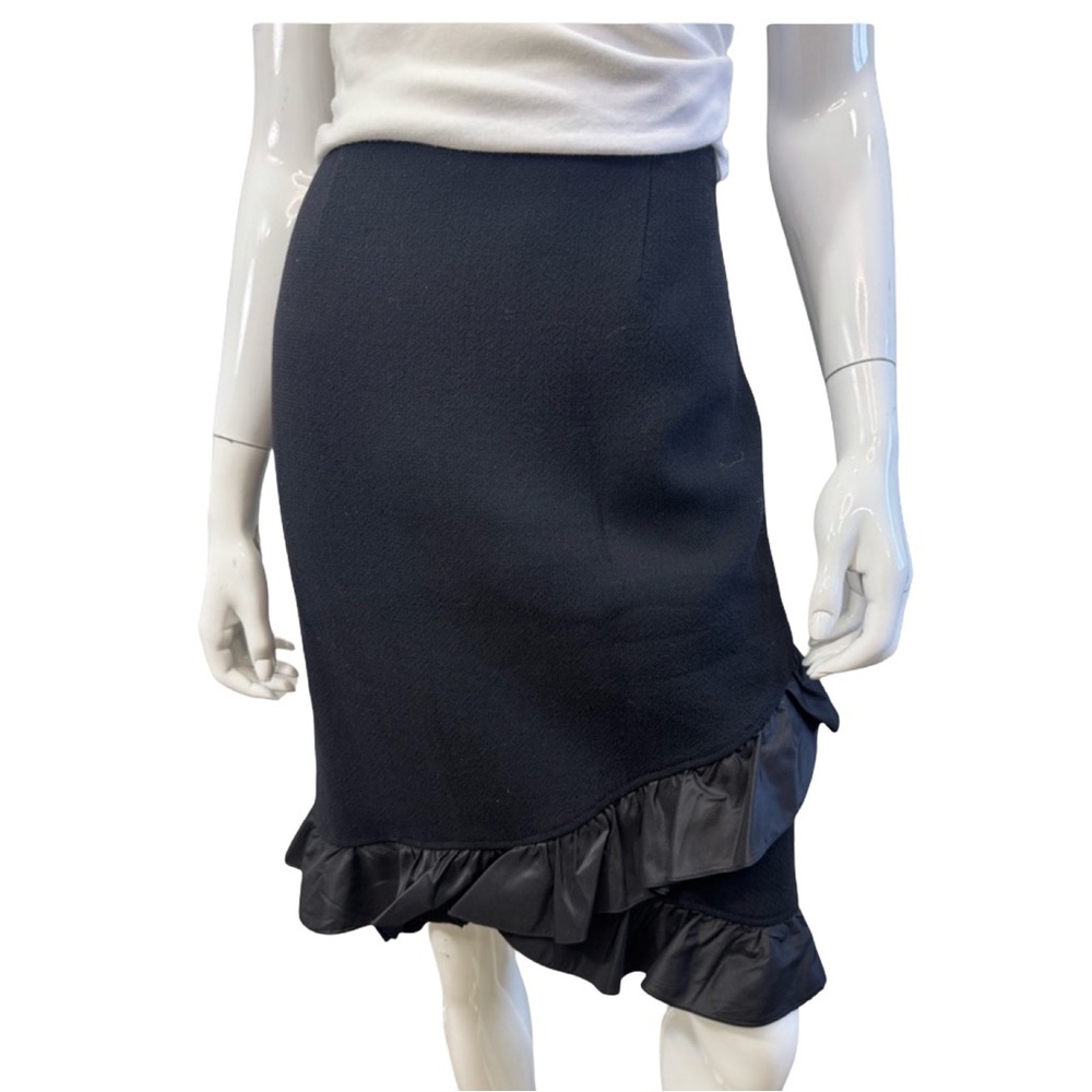 RICKIE FREEMAN for TERI JON Black Ruffle Hem Pencil Skirt Asymmetric Elegant M